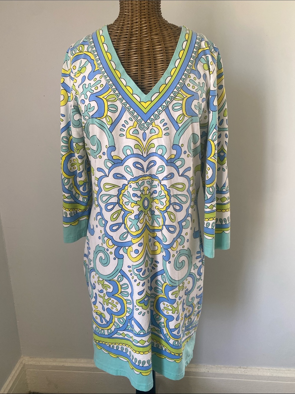 Barbara Gerwit V-Neck Printed Midi Dress in Aqua, Yellow & White